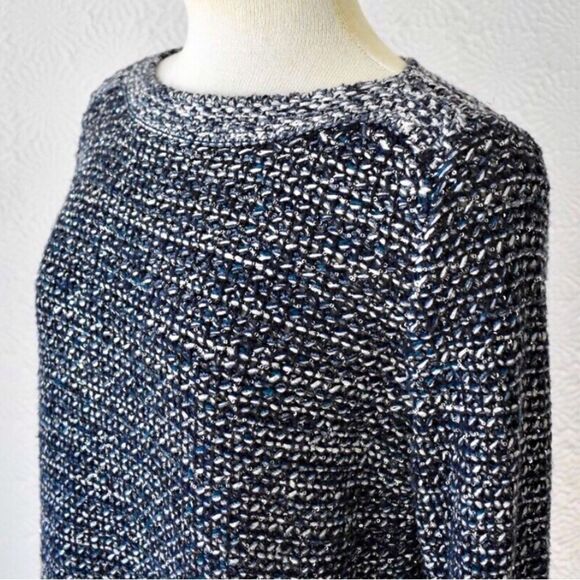 Ann Taylor Navy Blue Metallic Silver Sequin Boat Neck Fringed Knit Sweater - Picture 7 of 16